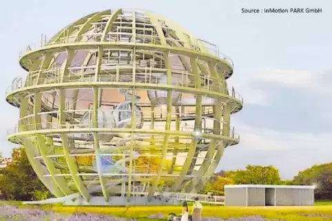 Eine gigantische Holzkugel mit einem Gipfelwanderweg soll das Aushängeschild des Freizeitparks auf dem ehemaligen Luftwaffengelä