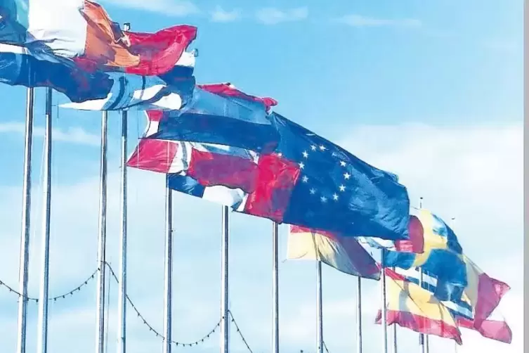 Die Flaggen der zurzeit 28 EU-Mitgliedstaaten, gruppiert beiderseits der Europaflagge.