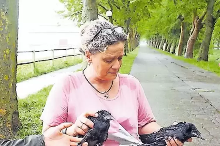 Sandra Labenski mit toten Kr&auml;hen in H&auml;nden.