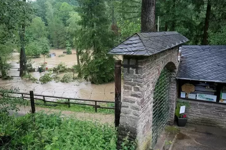Nach den heftigen Unwettern am Freitagmorgen floss die Prüm durch den Teil des Eifel-Zoos in Lünebach, der nahe am Flussufer lie