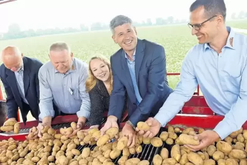 Beim Sortieren der Ernte: Georg Riede, Johannes Zehfuß, Carina Wittmann (alle EZG), Schiedsrichter Markus Merk und Landwirt Heik