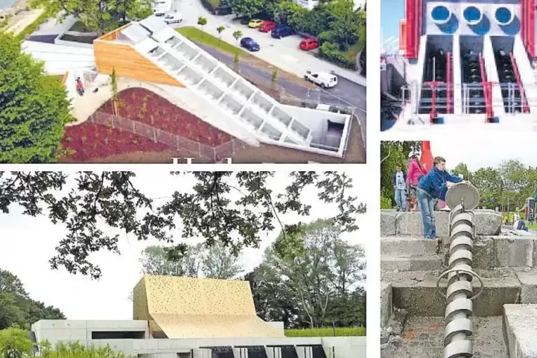 Das neue Sch&ouml;pfwerk in Leimersheim soll vier Schnecken zur Wasserbef&ouml;rderung haben. Die Fotos zeigen Sch&ouml;pfwerke dieser Art an a