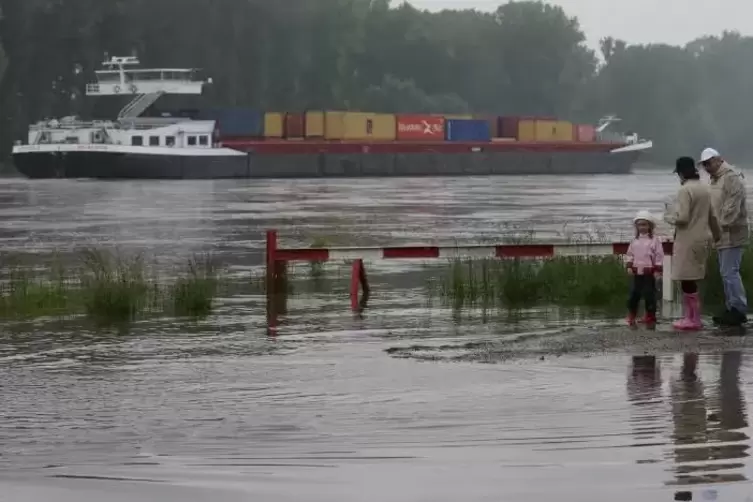 Das Rheinufer bei Leopoldshafen bei Hochwasser: kein guter Ort, um die Geländegängigkeit eines SUV auszuprobieren.  Symbolfoto: 