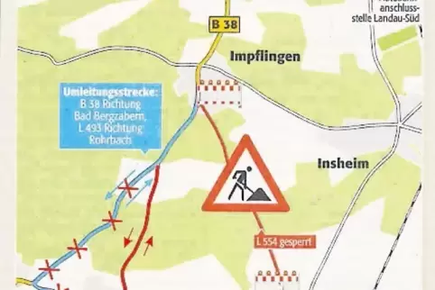 Wer von Impflingen nach Rohrbach will, folgt zunächst dem blauen, dann dem roten, dann wieder dem blauen Weg. Die Umleitung über