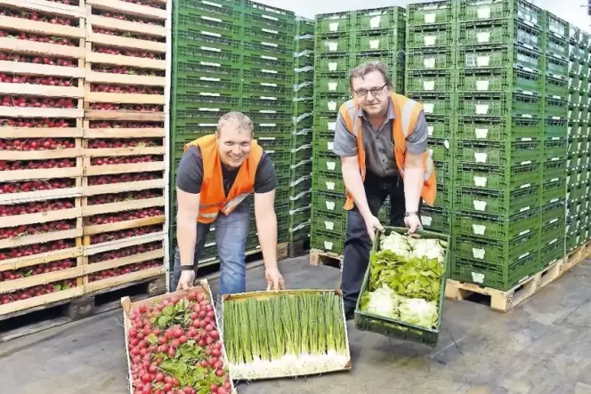 Massenweise Frischgemüse: Benjamin Killet (links) kümmert sich um den Bereich losen Salat, Franz-Josef Mayer behält als Logistik Massenweise Frischgemüse: Benjamin Killet (links) kümmert sich um den Bereich losen Salat, Franz-Josef Mayer behält als Logistik