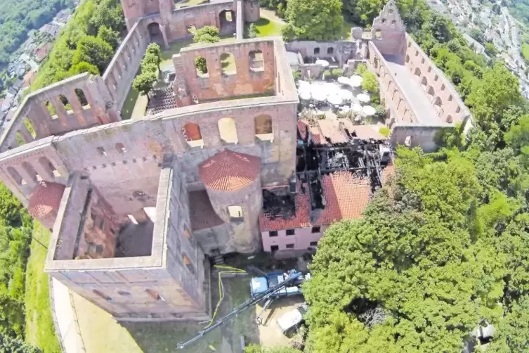 Wie das Feuer sich durch den Dachstuhl der „Klosterschänke“ gefressen hatte, zeigt dieses Drohnenbild vom Tag danach.