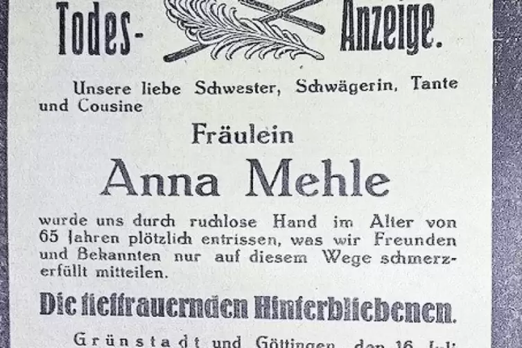 &bdquo;Durch ruchlose Hand entrissen&ldquo;: Todesanzeige f&uuml;r die Ermordete Anna Mehle.