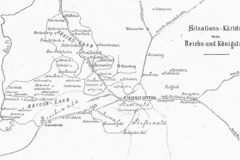 Die Situationskarte aus dem Jahr 1900 zeigt Reichs- und Königsland, zu letzterem gehörten Dörfer von Katz- bis Rutsweiler.