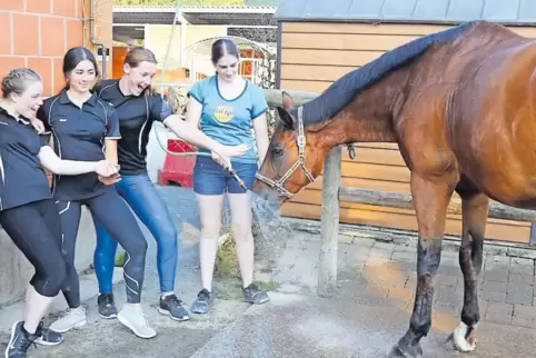 Abkühlung für Ross und Reiter: Die australischen Voltigiererinnen Breanna, Mai und Luka (von links) mit Lea Stich vom PSV Palati