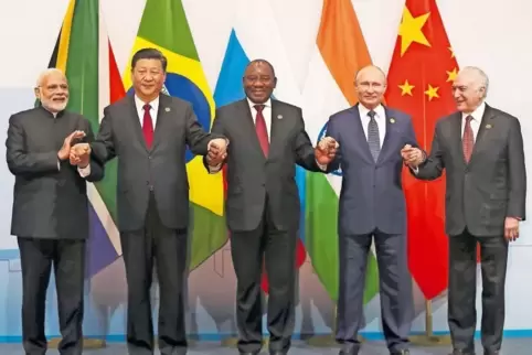 Die Staats- und Regierungschefs der Brics-Staaten (von links) Narendra Modi (Indien), Xi Jinping (China), Cyril Ramaphosa (Südaf