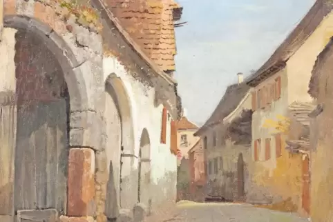 Pfälzische Szene: Dorfstraße in Wachenheim, Ölstudie 1878.