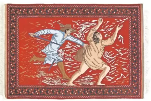 Wekil Ahmad Hakkanis und Baumhauers afghanischer Bildteppich „Der unerwartete Überfall“ nach einer Radierung von 1656.