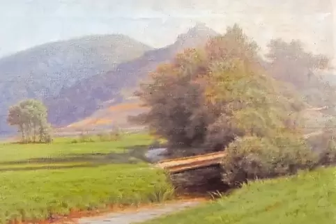 Eine Wald-Wiesen-Landschaft von Hermann August Maurer mit der Burg Lindelbrunn aus dem Jahr 1924 (Detail).