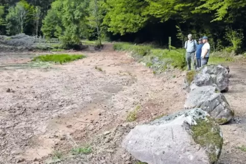 An der ausgebaggerten Grube des Fischweihers bei Winnweiler an der Straße zum Wingertsweilerhof (von links nach rechts): Klaus K