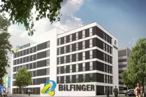 So wird die neue Bilfinger-Konzernzentrale in Mannheim aussehen, wenn die Außenanlagen fertiggestellt und die Logos installiert 