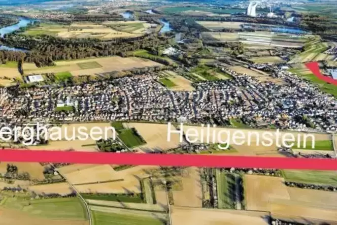 Seit Jahren gewünscht: die Römerberger Ortsrandstraße, deren Streckenverlauf mit der roten Linie nachgezeichnet ist. Das Foto is Seit Jahren gewünscht: die Römerberger Ortsrandstraße, deren Streckenverlauf mit der roten Linie nachgezeichnet ist. Das Foto is