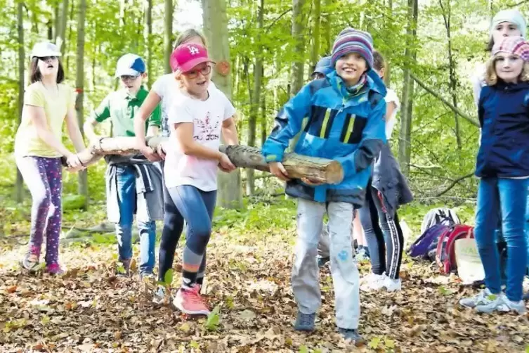 Ein Baumstamm, fünf Kinder – im Wald können sich Kinder im Wettbewerb messen und Natur erkunden.