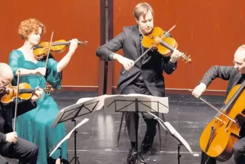 Das „Mandelring Quartett“ mit den drei Neustadtern Sebastian, Nanette und Bernhard Schmidt und dem Bratscher Andreas Willwohl (M