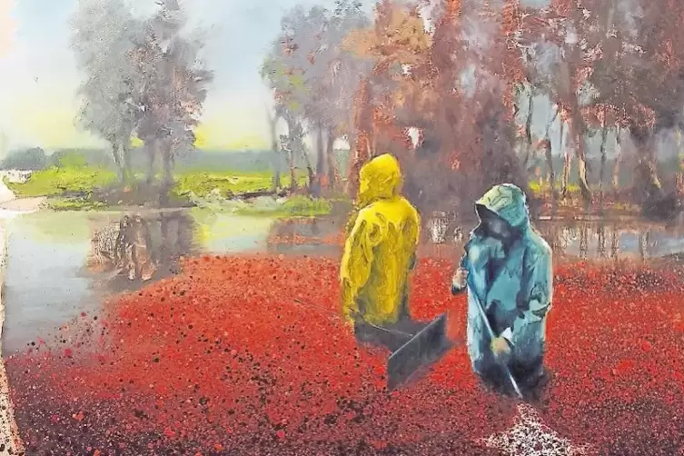 Bedenklich rote Brühe: Bilder wie „Bogged Down/Yellow Blue“ sind durch die Cranberry-Nassernte inspiriert.