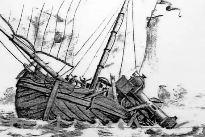 Eine Zeichnung des Unfalls vom 14. Februar 1852. Gezeigt wurde diese bei einem Vortrag zu dem Unglück in Karlsruhe im März 2014.