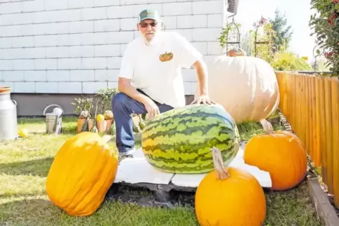 Fruchtgarten: Owen Olsen aus Knopp mit seinen Riesenmelonen und Riesenkürbissen.