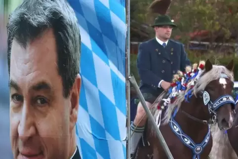Ein Plakat von Ministerpräsident Markus Söder, dahinter ein Teilnehmer eines Volksfests im Schwangau. Foto: DPA