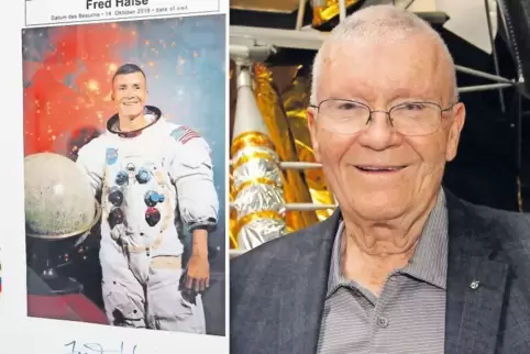 Zweimal Fred Haise: als Astronaut (links) und als Gast und Gesprächspartner gestern in Speyer.