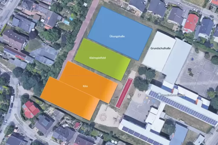 CDU-Vorschlag: neue Trainingshalle (blau), Kleinspielfeld f&uuml;r die Grundschule (gr&uuml;n) und Gel&auml;nde f&uuml;r neue Kita (orange).