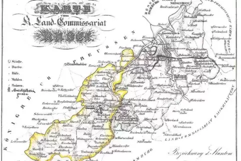 Von Meisenheim im Norden bis Ohmbach im Süden: Diese Karte zeigt das Land-Commissariat Kusel um das Jahr 1840. Der Kanton Waldmo