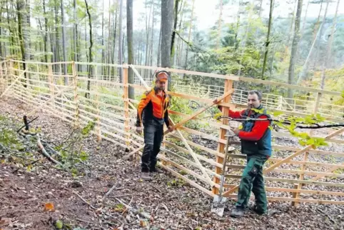 Die Ranger vom Forstamt: Michael Hammer (links) und Stefan Ehrhardt legen beim Zaunbau Hand an.