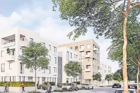 So soll „Albert_Wohnen“ von der Lambsheimer Straße her aussehen. Das höhere Gebäude ist als Komplementär zum Turm am Eingang des