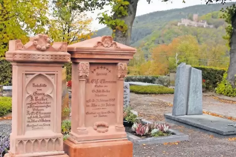 Die Grabsteine von August Beckers Eltern stehen wieder auf ihrem angestammten Platz. Rechts im Hintergrund ist das Ehrengrab des