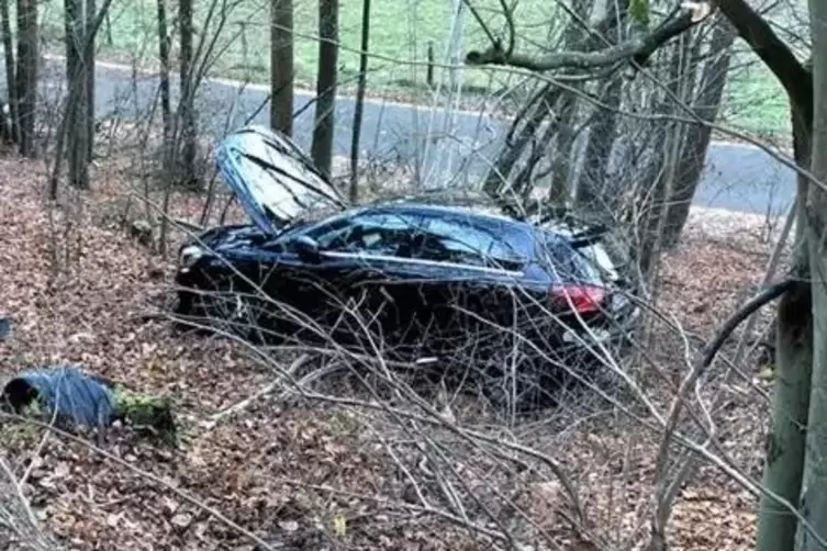 Im Wald neben der Straße endete die Fahrt dieses Wagens. Der Unfallverursacher machte sich per pedes aus dem Staub.  Foto: Poliz