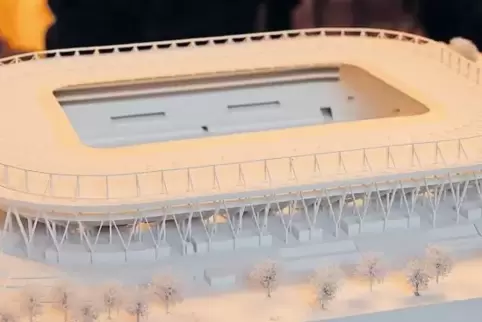 Weiß und filigran, wie eine Geburtstagstorte: das Modell des neuen Stadions für Karlsruhe.