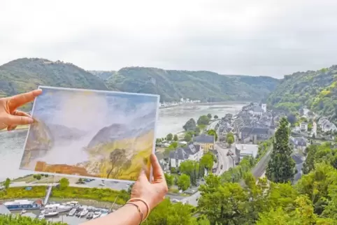 Original und Aquarell: Blick von Burg Rheinfels flussaufwärts in Richtung Loreley.