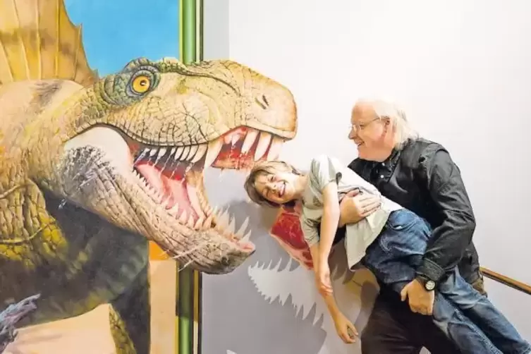 Ungefährliches Großmaul: Dimetrodon-Bild mit 3D-Effekt in der Ausstellung „Einfach tierisch! Spaß mit Dino, Panda & Co. “ in Man