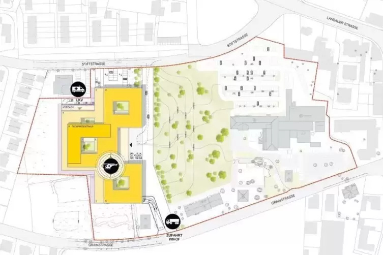 Der künftige Grundriss der Gebäude auf dem Krankenhausgelände: Nach dem Abriss wird zwischen den „Donuts“ und dem Verwaltungstra