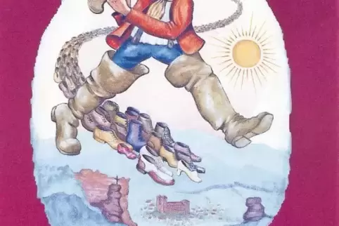 Das Siebenmeilenstiefel-Motiv als Postkarte mit dem Werbegedicht des Lehrers und Bürgermeisters Friedrich Wetzler.