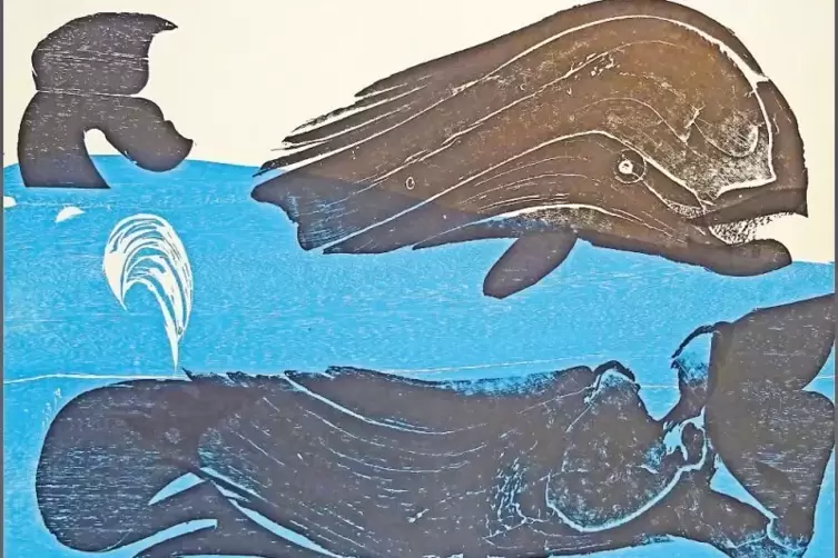 HAP Grieshaber: Das Blatt Nummer 21 „Stop dem Walfang“ (1973) stammt aus seiner Mappe „Engel der Geschichte“.Der Titel dieses Bl