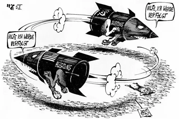 Ist ja gerade wieder im Kommen: ein Raketenwettstreit zwischen den USA und Russland. Die Karikatur von Horst Haitzinger stammt ü