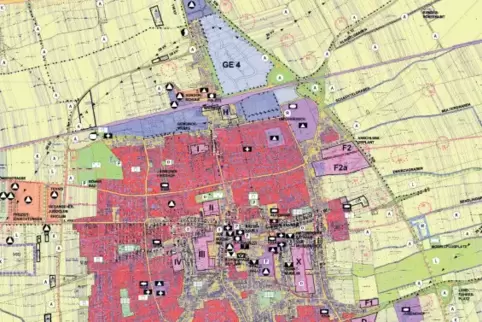 14 Jahre alt: der Flächennutzungsplan. Wohngebiete sind rot dargestellt, Gewerbeflächen lila (geplant: jeweils farblich abgestuf