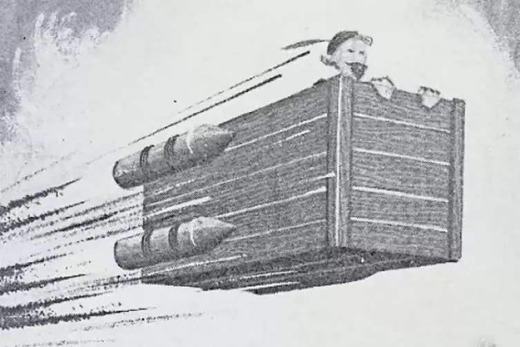 Mondreise in einer Kiste mit Raketenantrieb, von Cyrano um 1650 vorausgesehen.