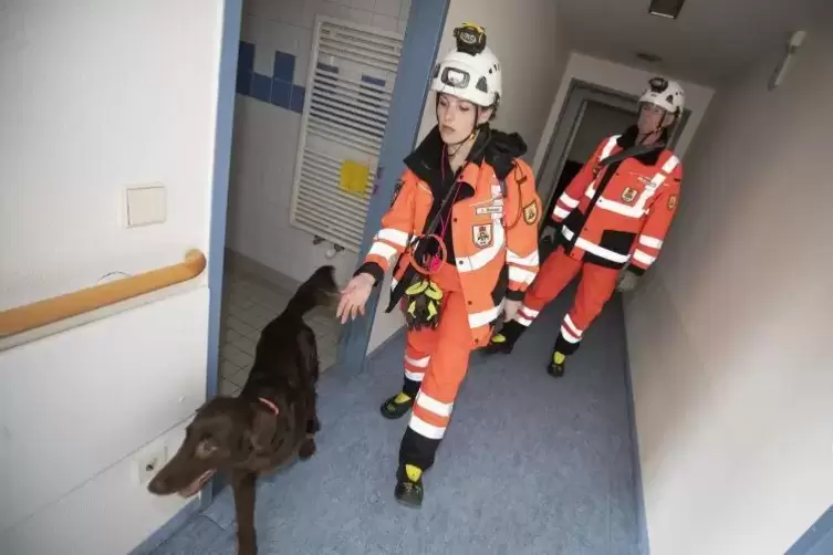 Jessica Hammel und Günther Seele von der Rettungshundestaffel Kaiserslautern proben am Westpfalz-Klinikum den Ernstfall. Foto: V