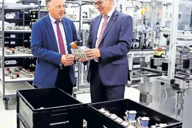 Die Geschäftsführer Ralph Hock (kaufmännisch, links) und Dr. Andreas Stratmann (Technik): Teile der Produkte, die in Rülzheim he Die Geschäftsführer Ralph Hock (kaufmännisch, links) und Dr. Andreas Stratmann (Technik): Teile der Produkte, die in Rülzheim he
