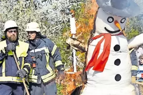 Rauch steigt auf, unter dem Zylinder qualmt es. Der Schneemann brennt, die Feuerwehr schaut zu.