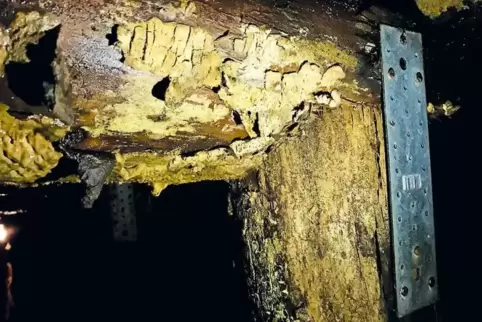 Handlungsbedarf: einer der beiden maroden Türstöcke in der Imsbacher Grube Maria. Da auch viele der weiteren Balken nicht mehr i
