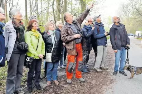 Gehört, gesehen, gestaunt: Jürgen Walter (Mitte) zeigt den Teilnehmern der Wanderung einen gefiederten Auwald-Bewohner.