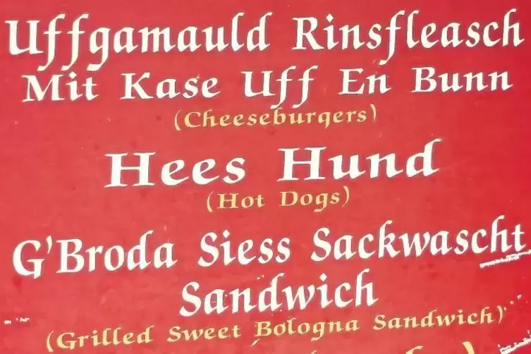 Speisekarte auf Pennsylvania Dutch und Englisch.