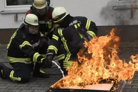 Sieht putzig aus, ist aber nicht zum Lachen: Nur auf diese Weise können Feuerwehrleute üben, wie man einen Flächenbrand mit Scha