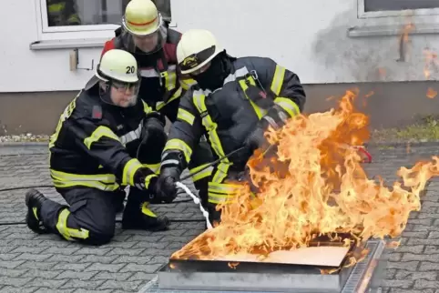 Sieht putzig aus, ist aber nicht zum Lachen: Nur auf diese Weise können Feuerwehrleute üben, wie man einen Flächenbrand mit Scha